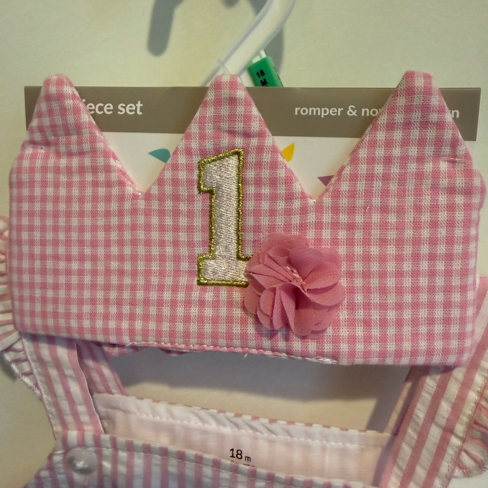 Baby Starters Girl Ist Birthday boutique style outfit crown pink stripe cupcake - Picture 4 of 9